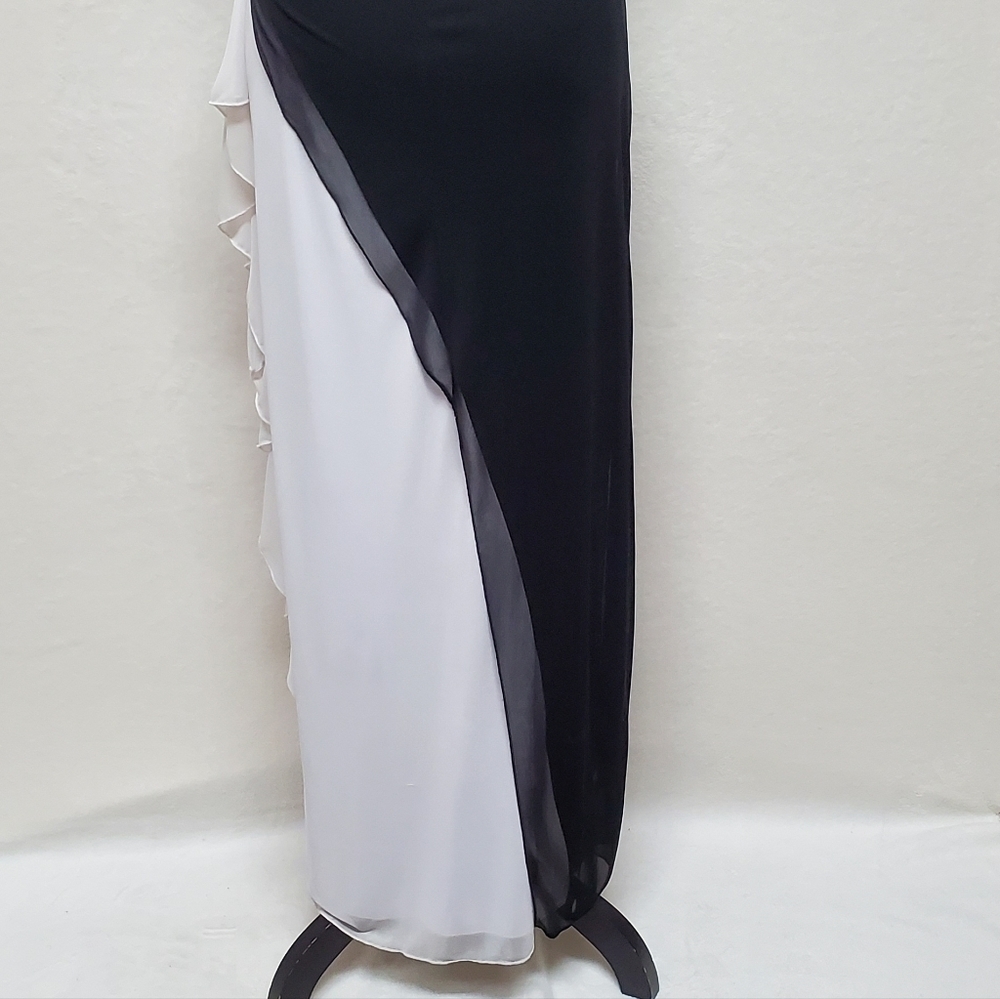 𝅺VINTAGE 1990s Taboo Black White Ruffle Asymmetrical Backless Halter Maxi Dress - Picture 14 of 16
